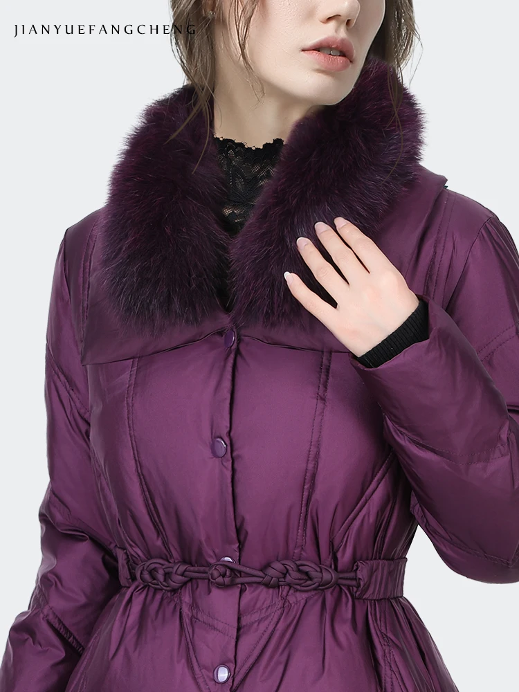 Women Purple Down Jacket For Winter With Fox Fur Collar Long Sleeve Elastic Waist Snaps Closure Warm Windproof Duck Down Coat