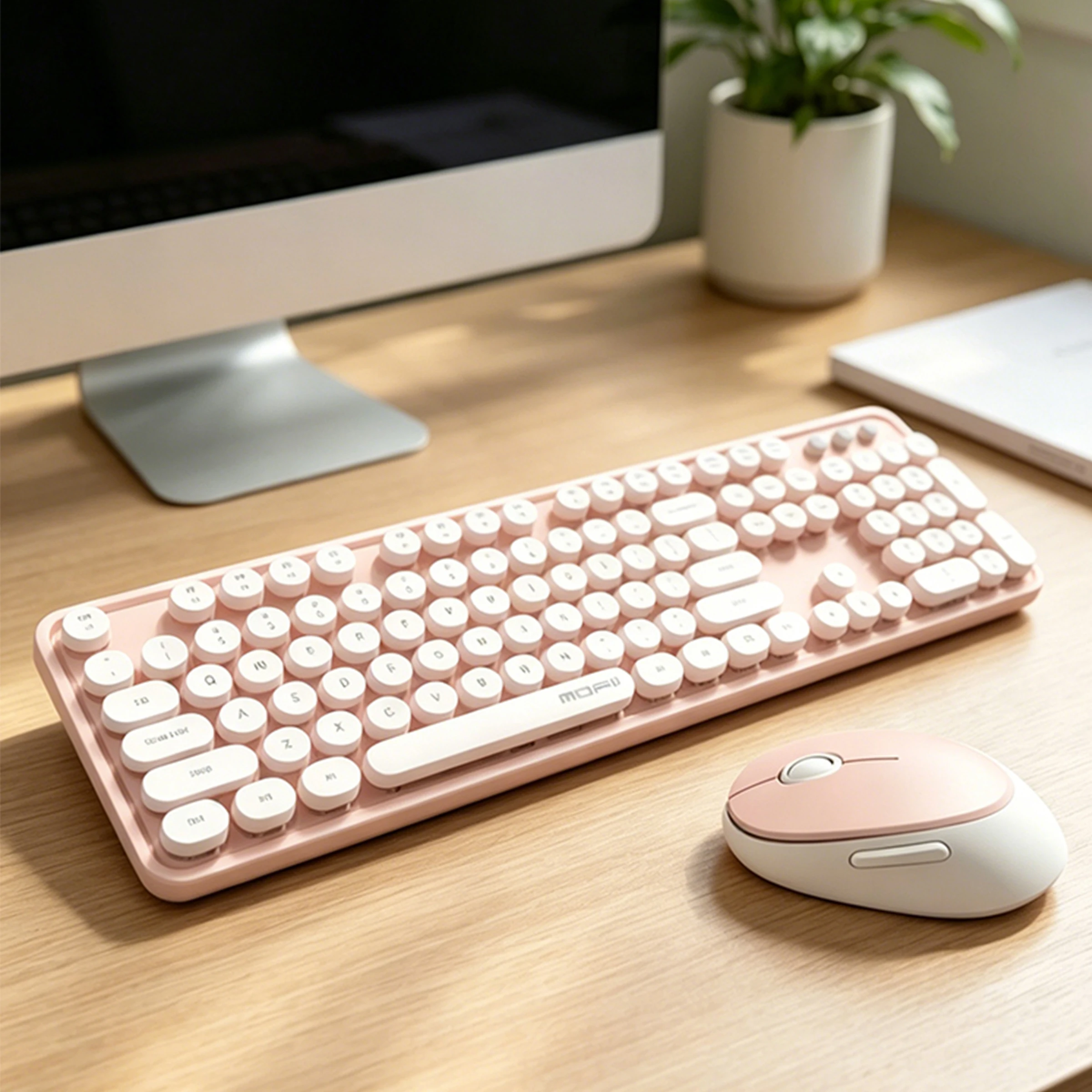 MOFii 1 Set Sweet Wireless Keyboard and Mouse Combo, White & Pink Retro Round Keycaps, Cute Design for Girls,, US QWERTY Layout