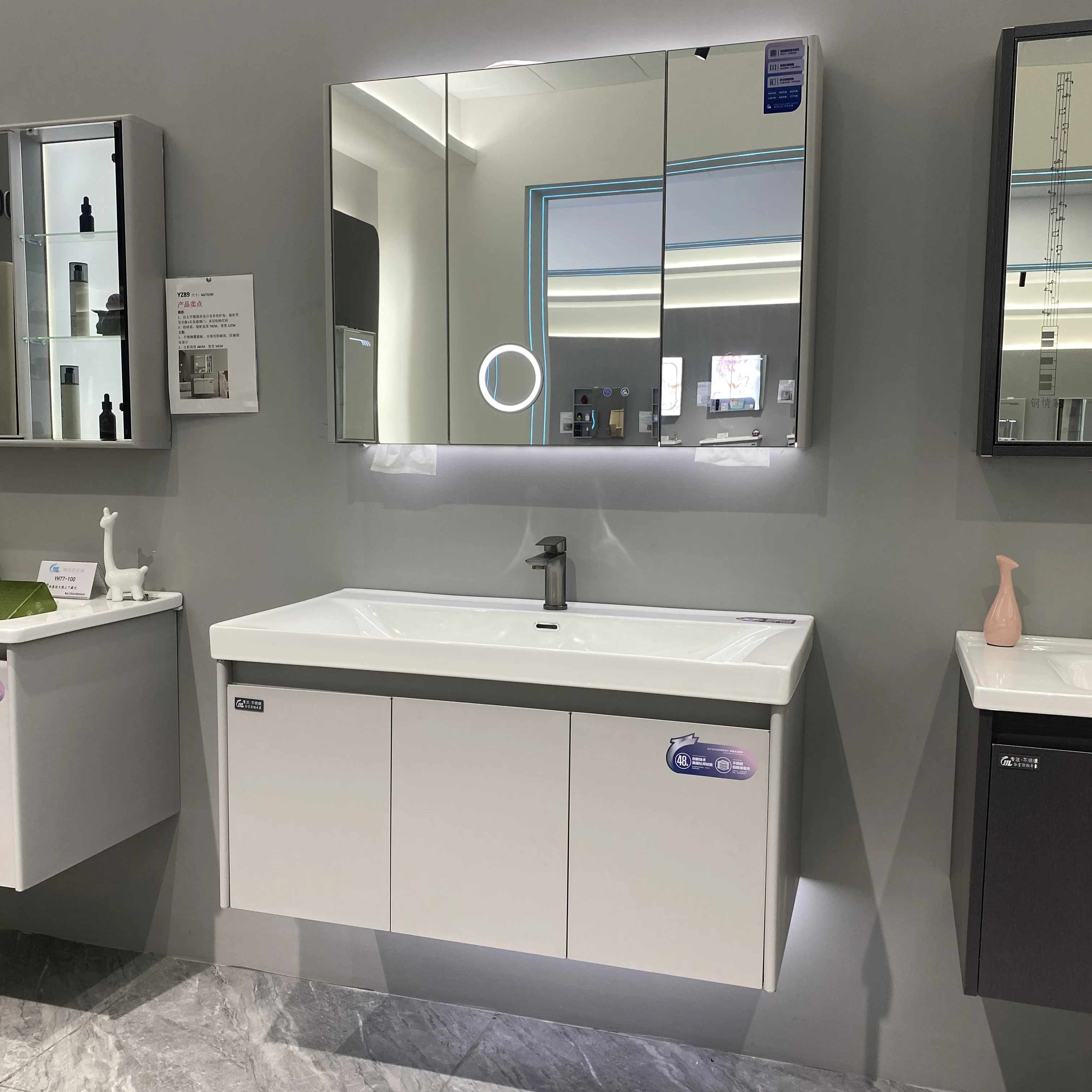 Lady High-end Modern 90cm Floating Vanity Integrated Ceramic Bathroom Basin Sink With LED Anti-fog Mirror Cabinet Set