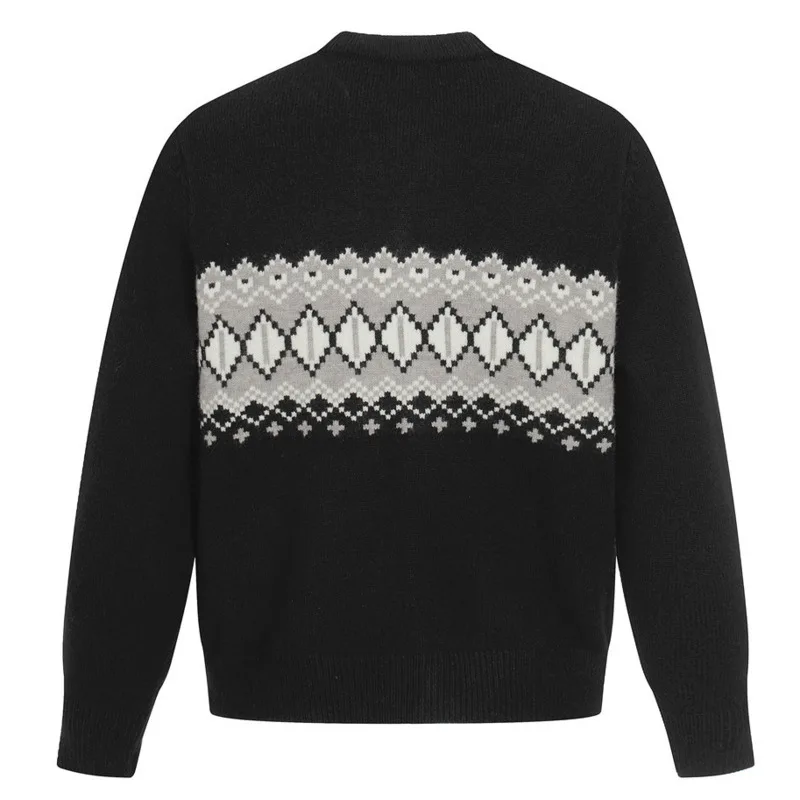 Men Fashion Street Trendy Round Neck Single breasted Cardigan Jacquard Color blocked Ethnic Style Long sleeved Knitted Sweater