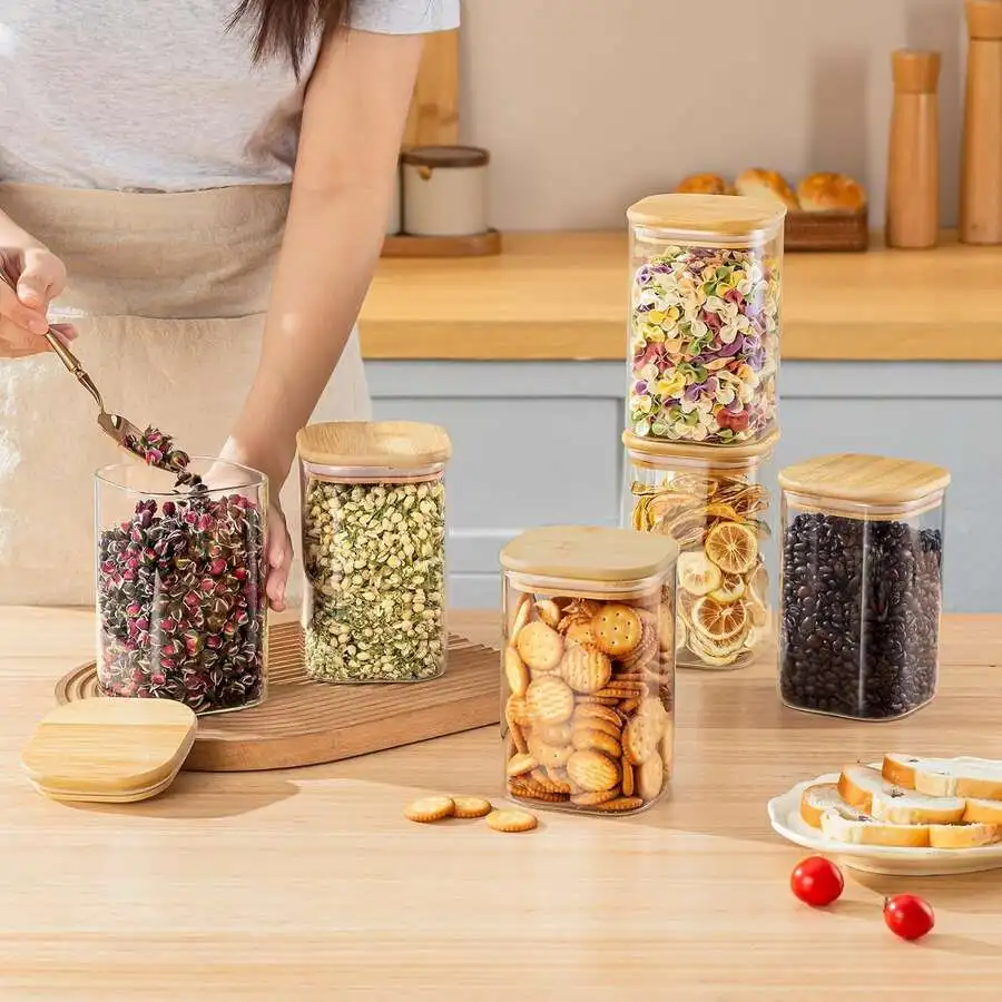 6PCS Glass Storage Jars, 37oz Clear Glass Food Storage Container With Sealed Bamboo Lid Stackable Kitchen Jars For Candy, Biscuits, Rice, Sugar, Flour, Pasta, Nuts & Spice Jars (Square) view 2