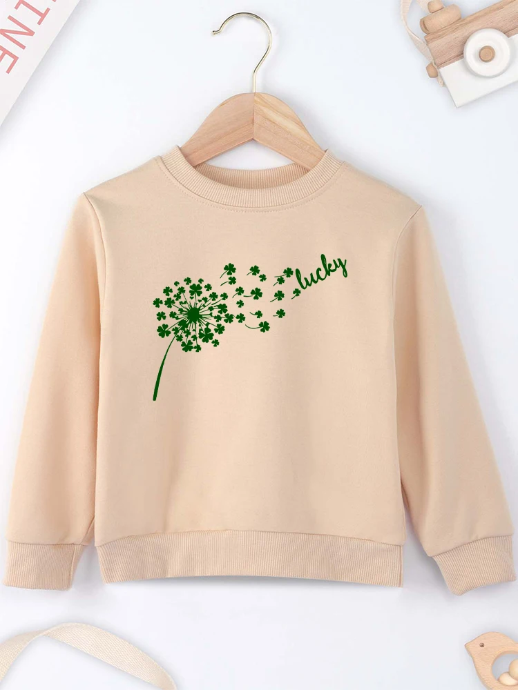 Lucky Clover Creative Aesthetic Clothes for Children Khaki Round Neck High Quality Kids Sweatshirt Spring Autumn Boy Girl Tops