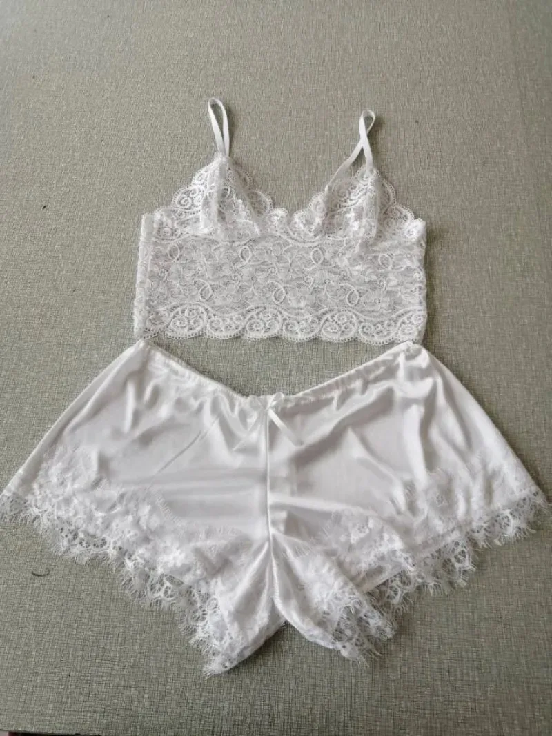 Ensemble pyjama 2 pièces Sexy en dentelle pour femmes, Bralette transparente, haut et short, vêtements de nuit respirants, grande taille, Lingerie d'été