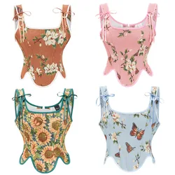 Vintage Embroidery Floral Corset Crop Tops Women Overbust Shoulder Straps Corsets Bustiers Camis Lace Up Short Tank Top Fashion