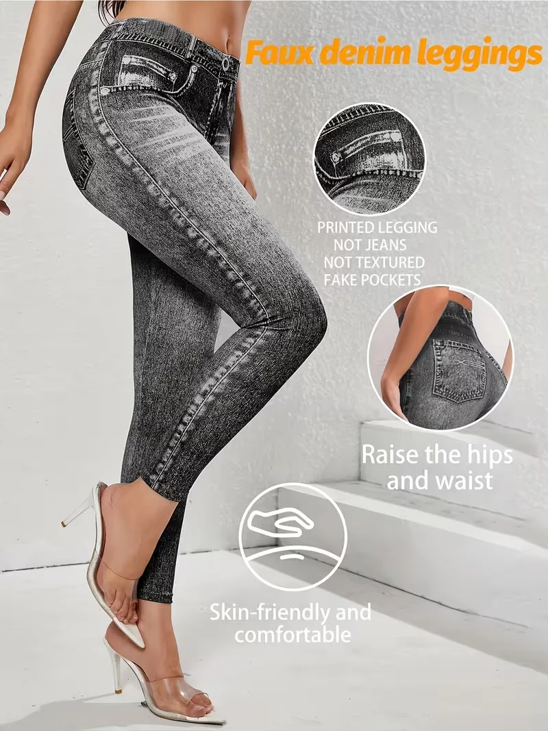 Printed Leggings Spring/Summer New Women'S Fashion Casual Pants, High-Waist Stretch Imitation Faux Denim, Comfortable Breathable