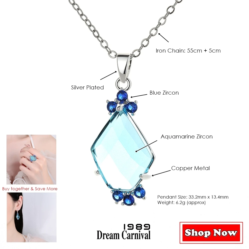 DreamCarnival1989 Delicate Aquamarine Pendant Necklace Women Pentagonal Zircon Wedding Party Sweater Jewellery Blue Tone WP7027