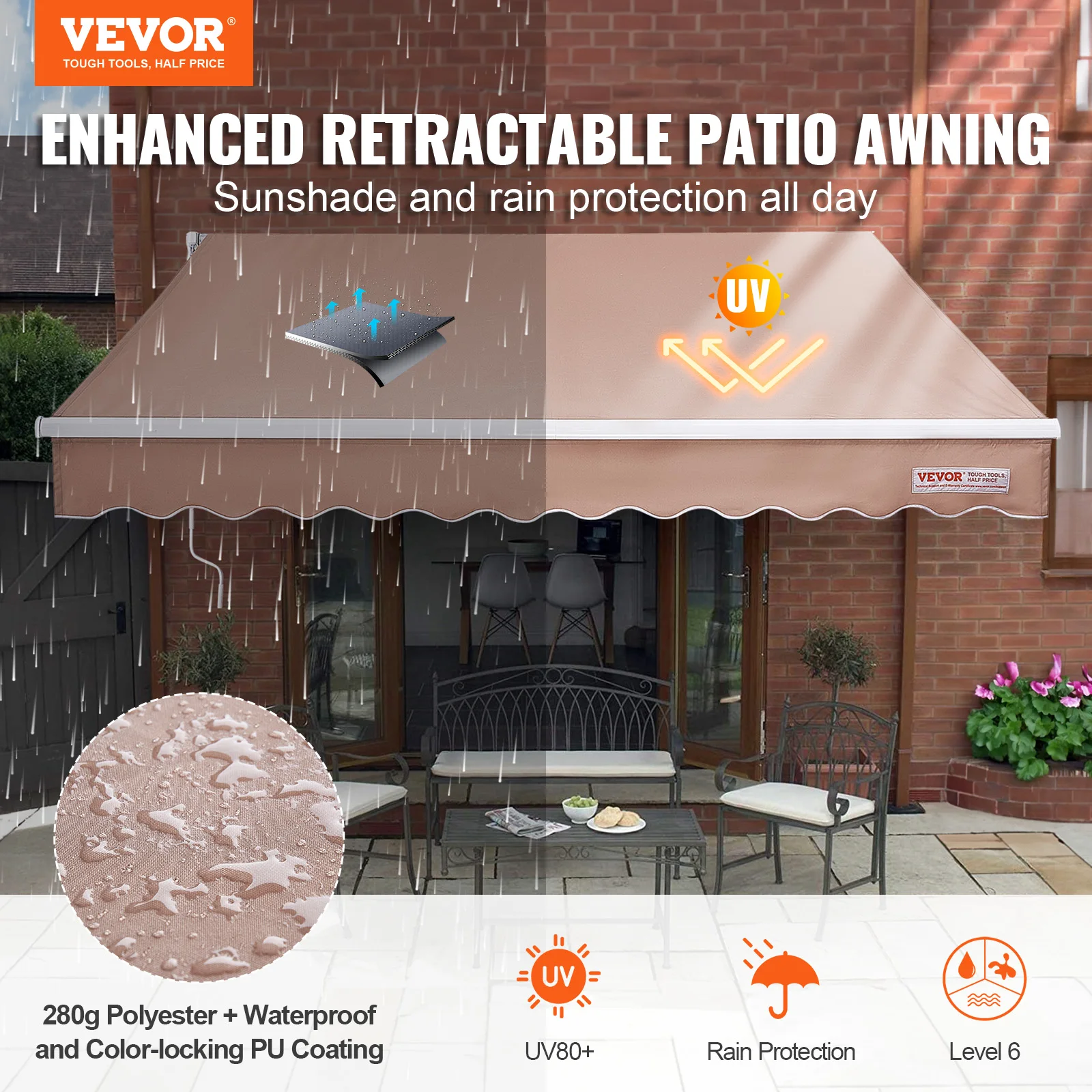 VEVOR Manual Retractable Awning Outdoor  Awning Retractable Sun Shade Water-Resistant Polyester Patio Door Window for Backyard