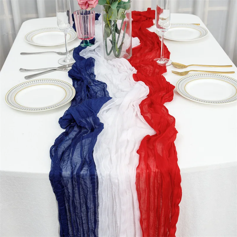 Tri Color Patchwork Balinese Gauze Table Flag, American Flag Color,  Wedding Tablecloth,Cheesecloth Pleated Table Flag