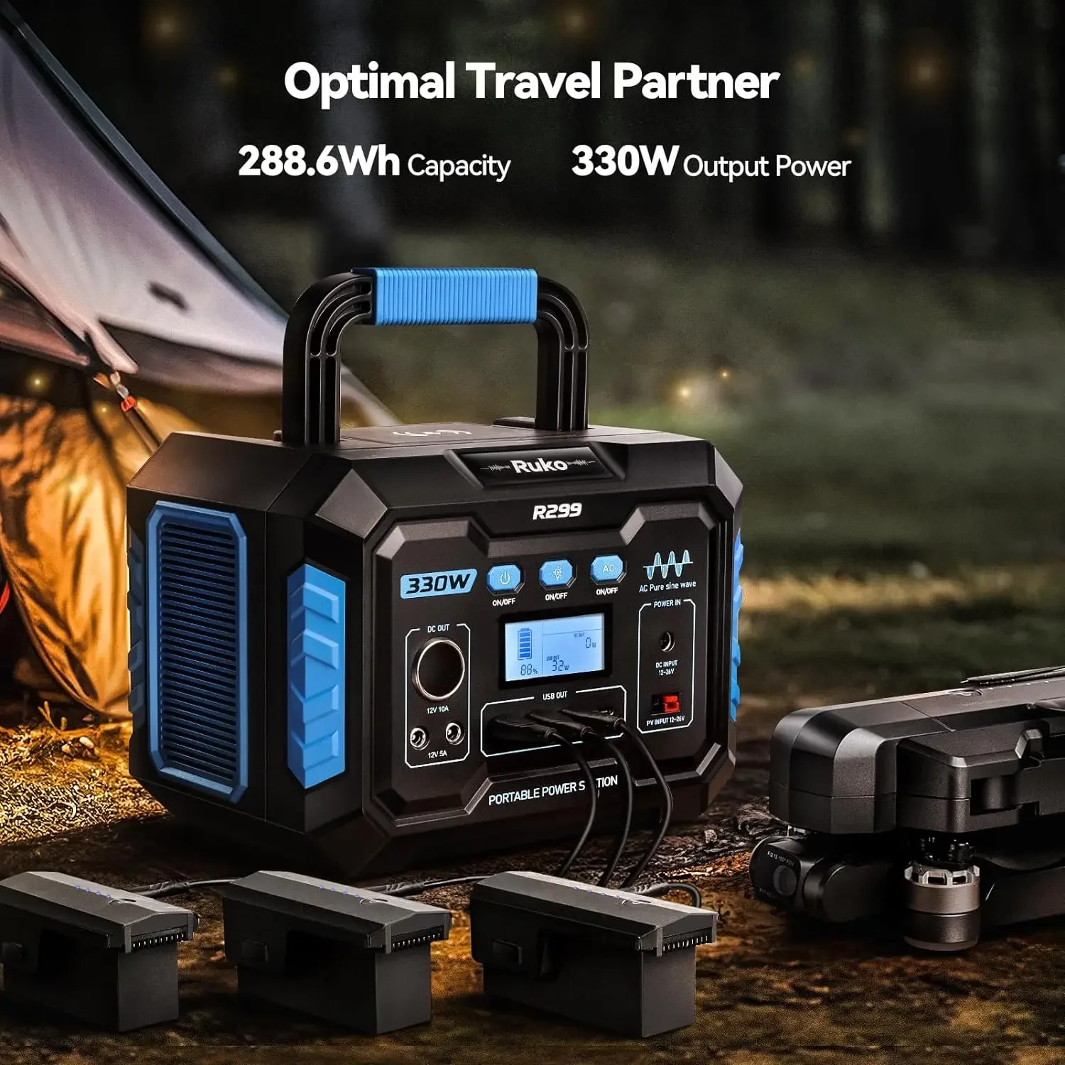 R299 Portable Power Station 330W, 288.6Wh 9-Port Portable Generator with Flashlight