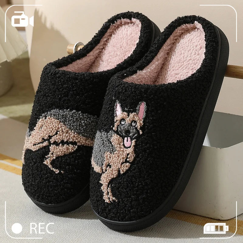 Pet Pattern Shepherd Embroidery stuffed Home Platform Cozy Furry Cotton Slippers Men Personality Warm Non-slip Indoor Slippers