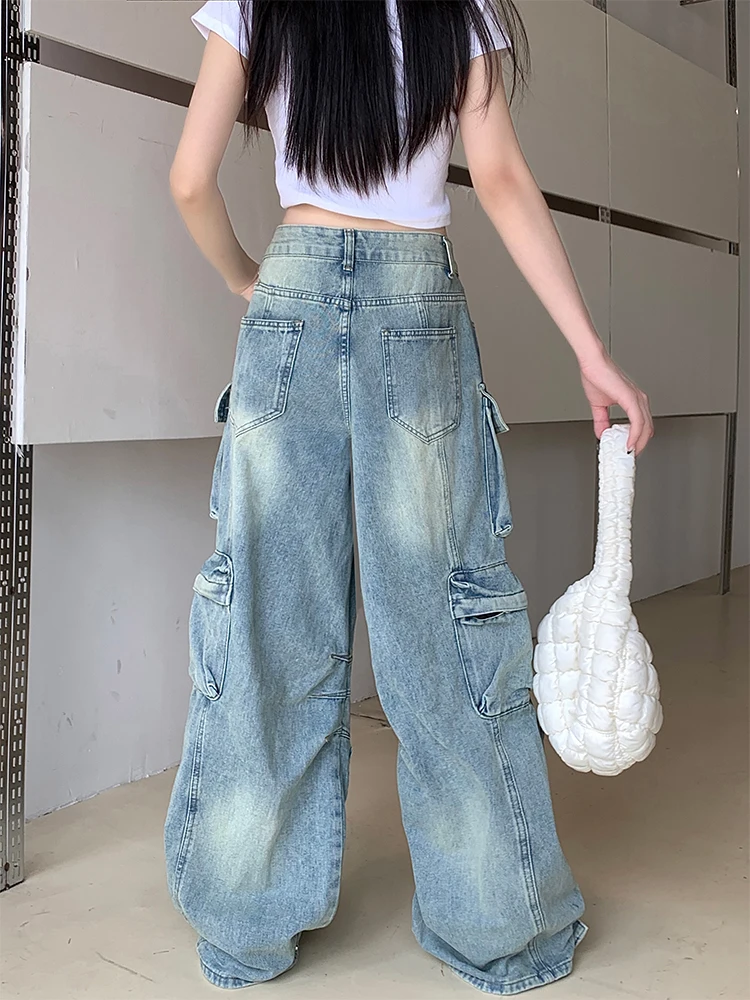 Women Blue Baggy Y2k Cargo Jeans Harajuku Oversize Denim Trousers Vintage Japanese 2000s Style Ripped Jean Pants Trashy Clothes