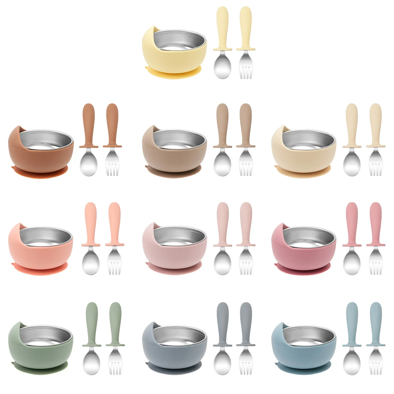 3 Buah Set Makan Bayi Silikon Baja Tahan Karat Mangkuk Pengisap Dapat Dilepas Bebas BPA dengan Sendok Garpu Peralatan Makan Anak Mudah Dibersihkan