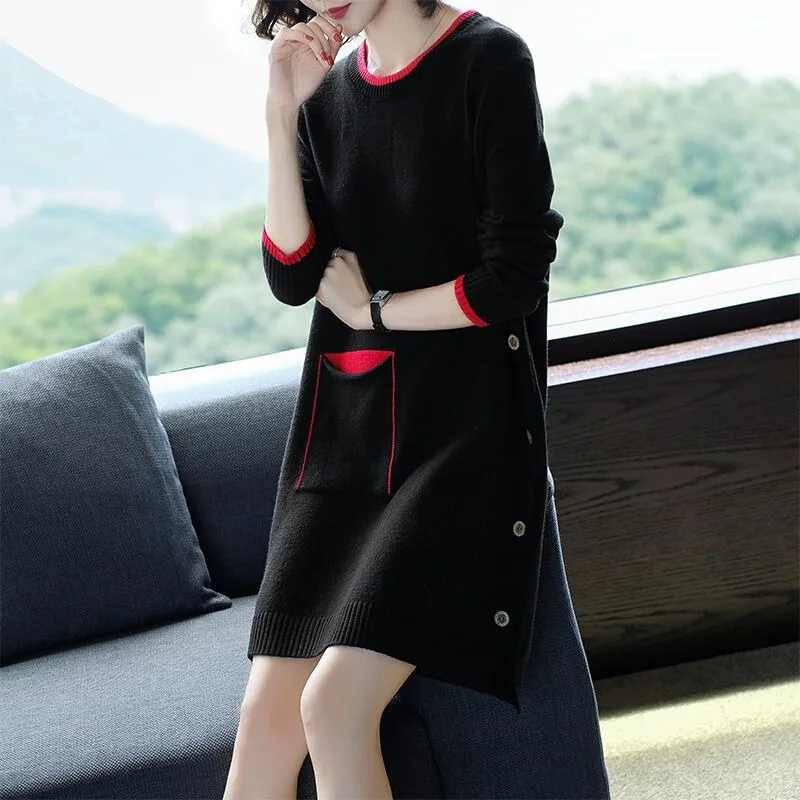 Women 2023 Autumn/Winter New Sweater Mid Length Solid Color Loose Sweater Dress Korean Pullover Knit Underlay Round Collar