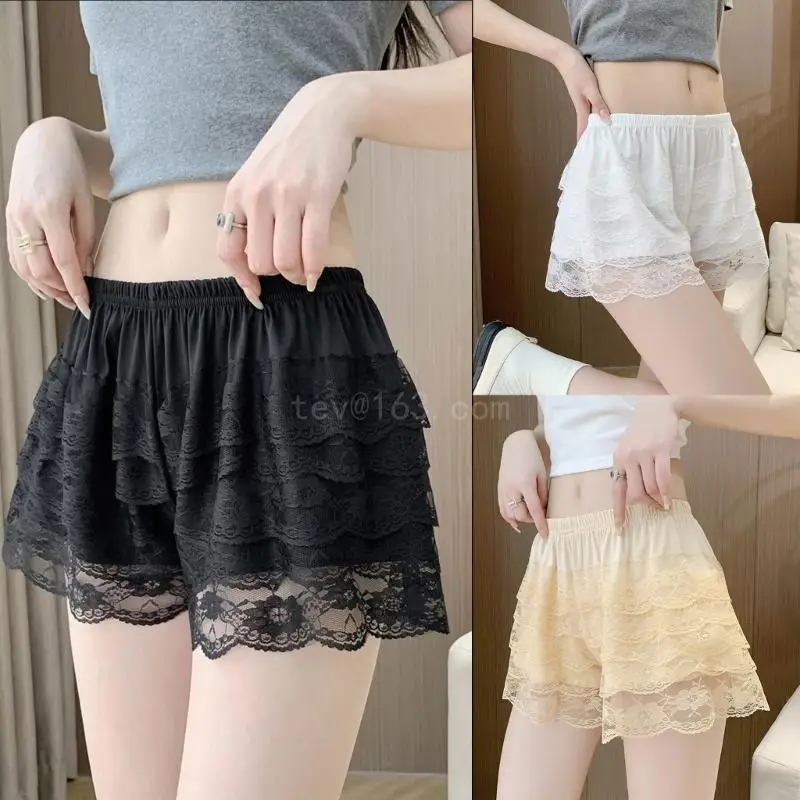 Sweet Tiered Ruffle Lace Bloomers Shorts Underpants Women Solid Color Half Slip Safety Pant Frilly Pettipants Knickers