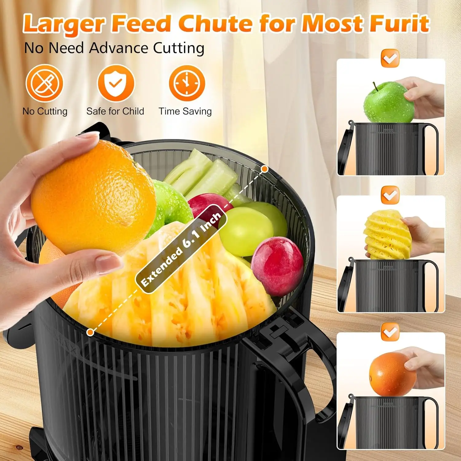 آلات مع شلال تغذية كبيرة جدًا مقاس 6.1 بوصة، عصارة ضغط بارد للخضروات والفواكه بالكامل، عصير مضغ احترافي بقدرة 350 وات