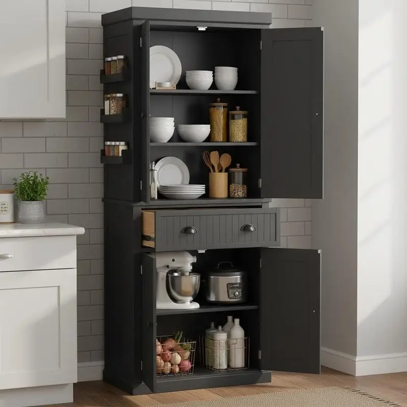 

72" Kitchen Pantry Storage Cabinet, Cupboard with 4 Doors and 3 Adjustable Shelves, Large Central Drawer, Black