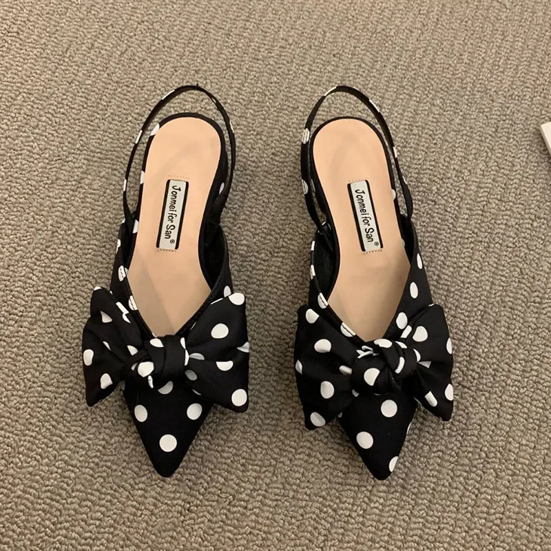 Women\'s Pumps Fashion Pointed Toe Bowknot Slingbacks Pumps Plaid Polka Dots Heels Slip-on Small Heel Sandals Casual Thin Shoes