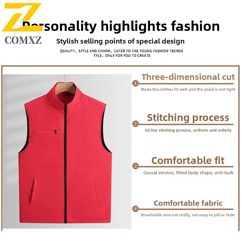 Men's Fashion Stand Collar Work Vest Spring Fall Multi-Pocket Casual Sleeveless Jacket Outdoor Photography Fishing Layered Coat