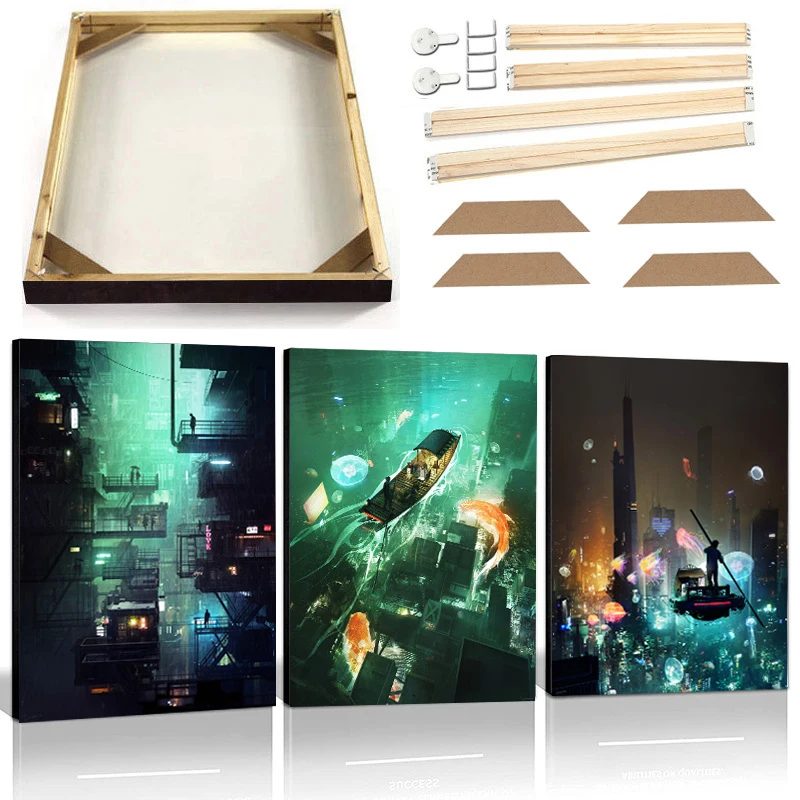 Cyberpunk Poster Prints with Frame Future World Technology Fantasy City Night Neon Lights Canvas Art Painting Wall Picture Decor