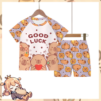 2pc Capybara Kids Pajama Set 5-14 Years, Summer Cartoon Short Sleeve Sleepwear with Hamburger Print, Breathable Boys Girls PJs