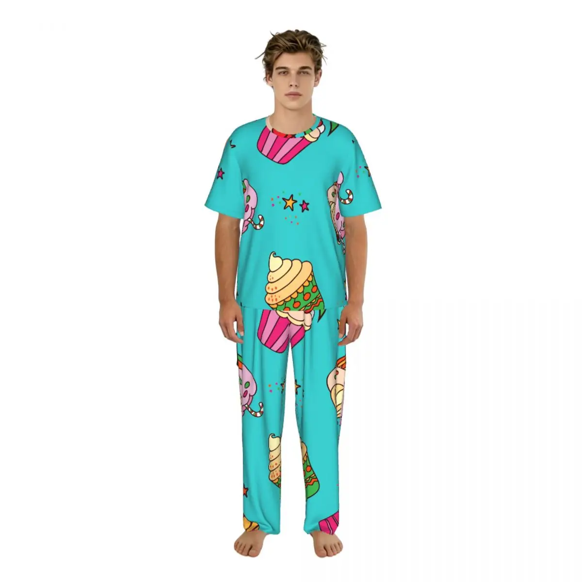 Sleepwear Summer Spring Home Clothes Sweet Cupcakes And Stars On Turquoise Short Sleeve Long Pant Nightwear