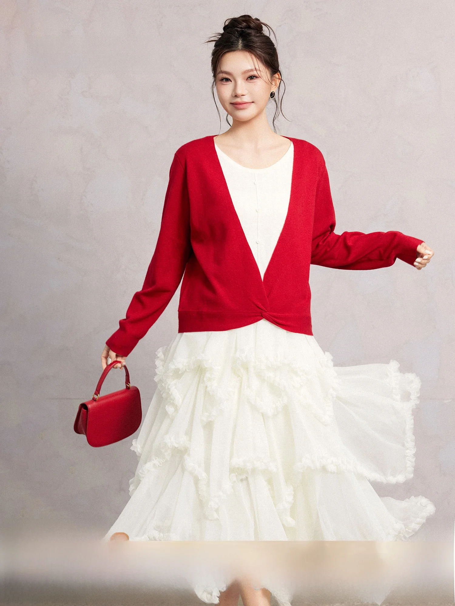 

Plusmall Wool Blend Soft Knit Sweater round Ne Twist Knot Splicing Fake Two-Piece Casual Loose Fit Knitted Top for Women