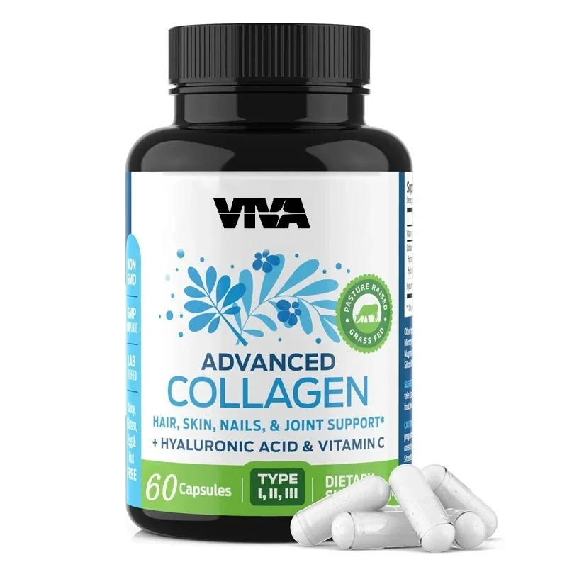 

Multi collagen supplement containing hyaluronic acid and vitamin C is suitable for skin, wrinkles, and 60 capsules