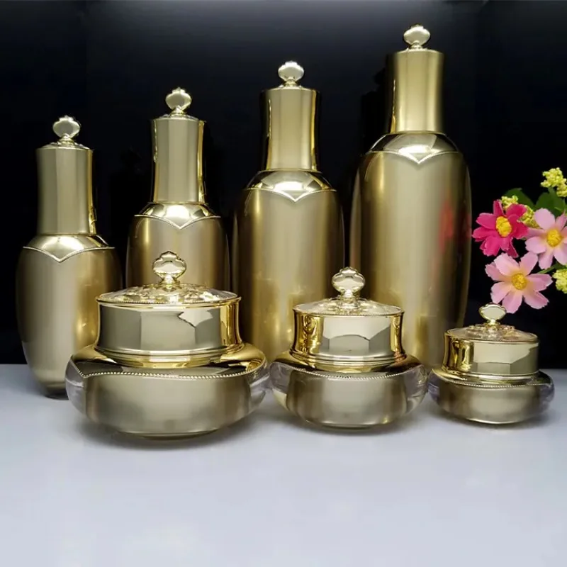 

6pcs/lot 20/30/50/80/100ml Acrylic Gold Lotion/Emulsion Press Bottle Sprayer Atomizer Container 5/10/15/20/30/50g Cream Jar Pot