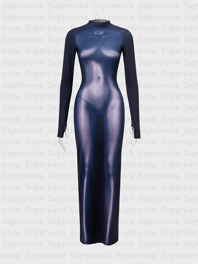 

Kliou 3D body print long skirt female aesthetic long sleeve unique sexy body shaping dress robe party club Y2K clothing