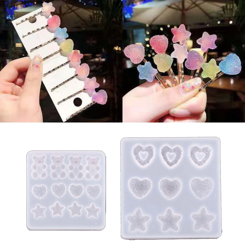 1 Pc Creative Hairpin Resin Molds Cartoon Bear Star Heart Shaped Epoxy Mold DIY Craft Mould Hair Clip Silicone Mold for Women