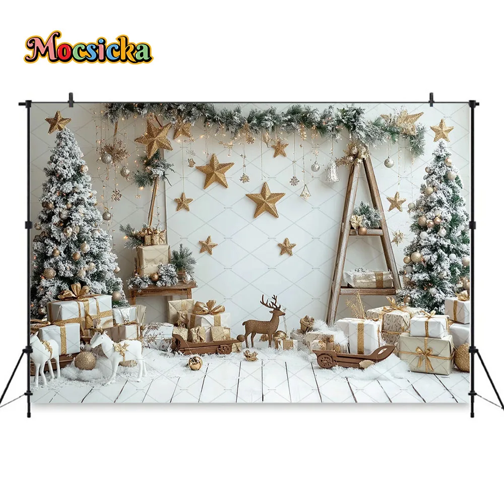 Mocsicka الأبيض هدية عيد الميلاد غرفة التصوير خلفية لامعة الذهب نجوم ديكور شجرة عيد الميلاد خلفية الشتاء الاطفال استوديو الصور