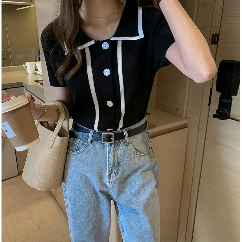 Summer New Fashionable Versatile Polo Collar Short Sleeve T-shirt Korean Style Young Style Simple and Loose Elegant Women\'s Top