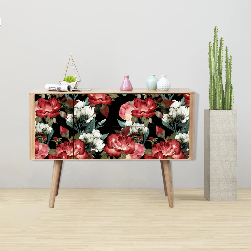 Red Floral Peel and Stick Wallpaper Matte Vintage Flower Removable Contact Paper Vinyl Self-AdhesiveWall Paper Roll for Decor