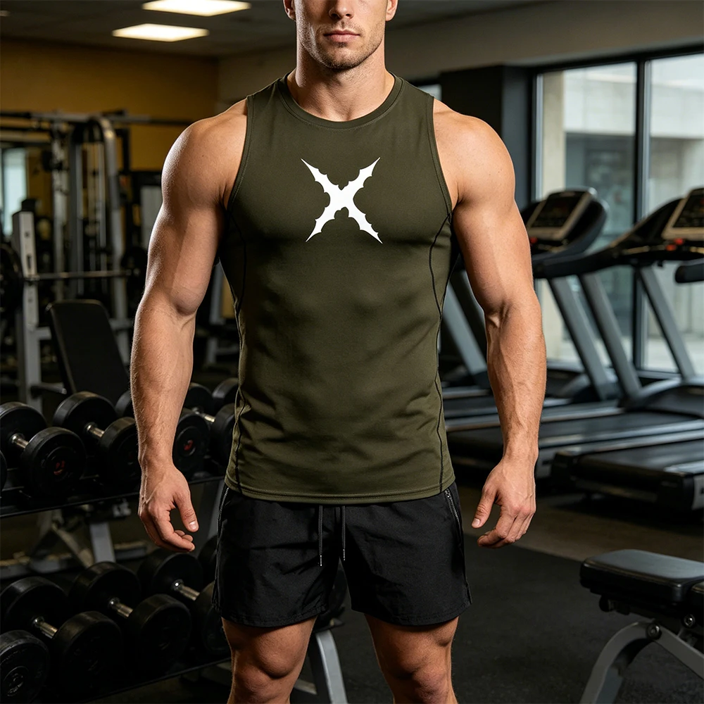 Conjunto de Roupas Esportivas Masculinas em 2 Peças Sem Mangas, Camiseta de Compressão e Calções de Secagem Rápida com Estampa Gótica X Thorns para Fi