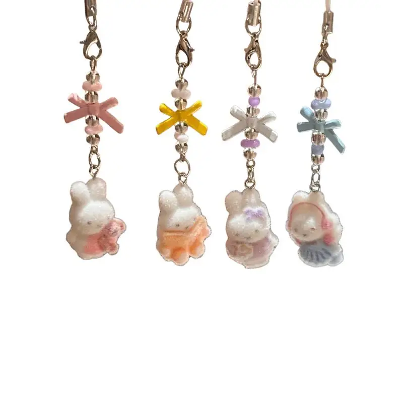 4 Pieces Kawaii Plucked Miffy Rabbit Bow Phone Strap Backpack Card Album Decoration Keychain Cartoon Versatile Holiday Gift