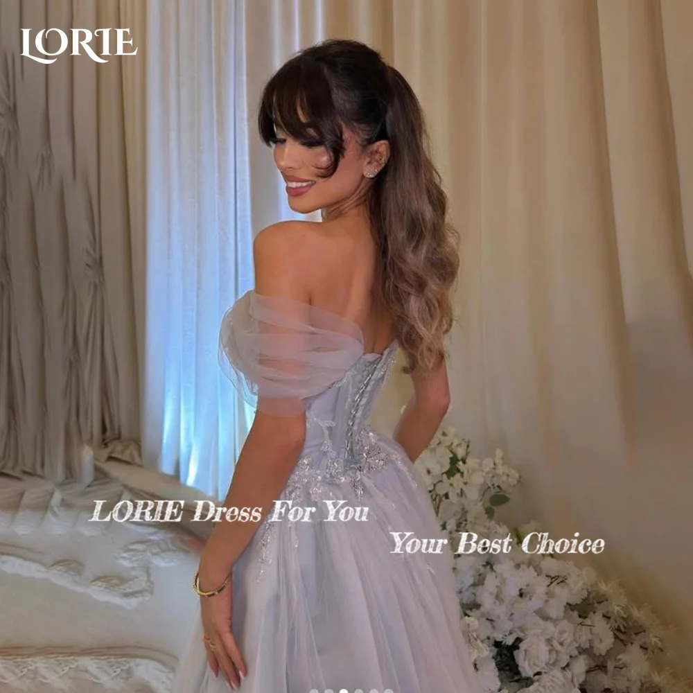 LORIE Modest Crepe Evening Dress Flower Shoulder Flowy Princess Prom Dresses Pleats Illsion Puff Arabia Party Gowns Customized image 3