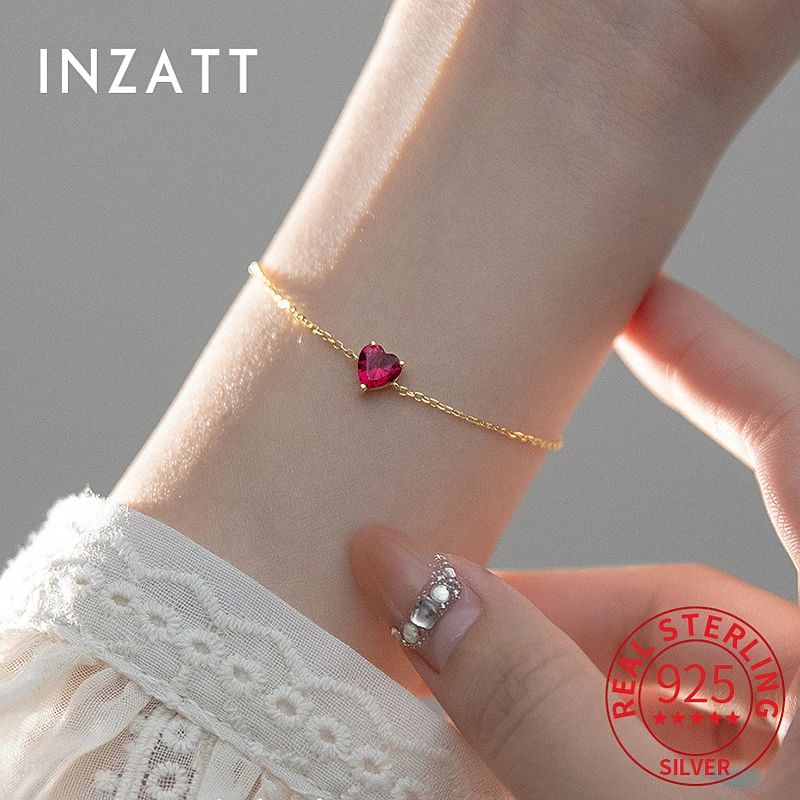 INZATT Real 925 Sterling Silver Zircon Heart Chain Bracelet for Women Cute Fine Jewelry Minimalist Accessories