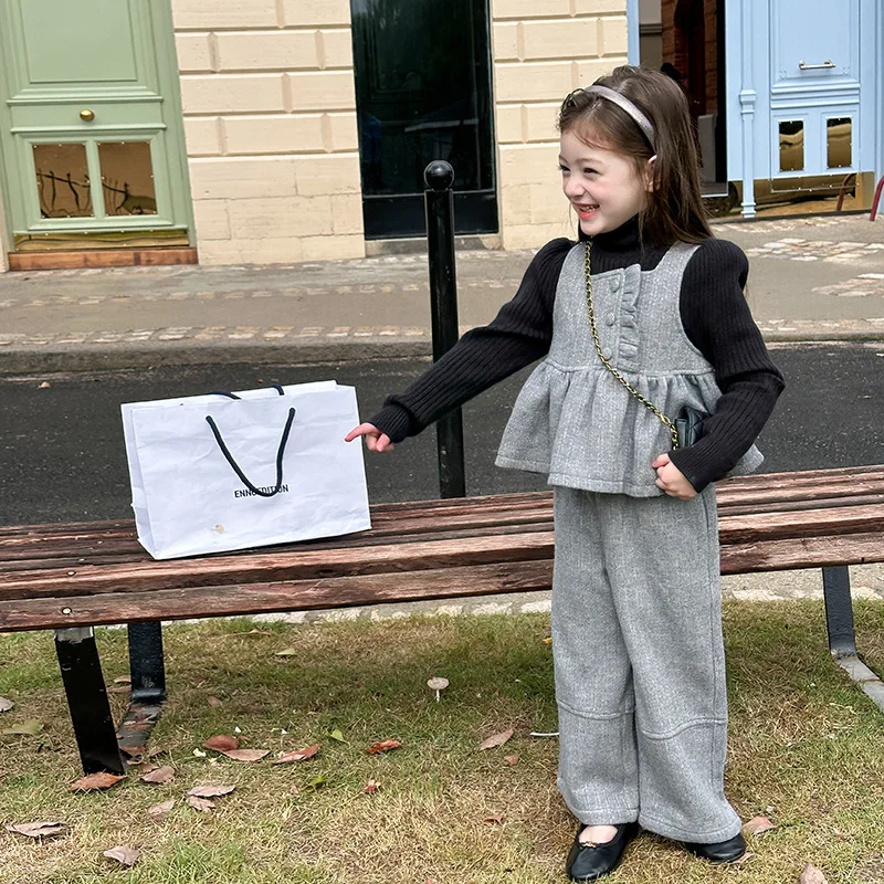 Meisjes Pakken Kinderen 2024 Nieuwe Herfst Collectie Zoete Schattige Pop Bract Vest en Stijlvolle Wijde Broek Tweedelige pak Kleding