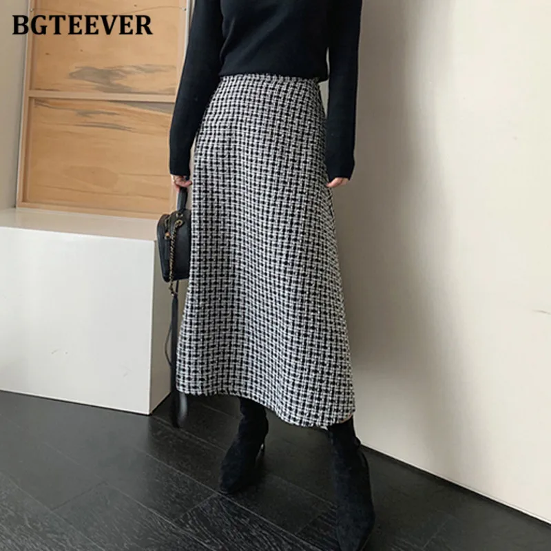 

BGTEEVER Autumn Winter Fashion High Waist Ladies Houndstooth Midi Skirts Elegant Loose Female A-line Skirts Women Plaid Skirts
