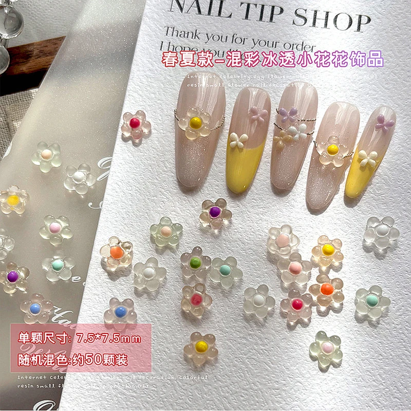 50PCS 3D Acrylic Five-petaled Flower Nail Art Charms Kawaii Accessories For Manicure Decor Nails Decoration Supplies Material 2