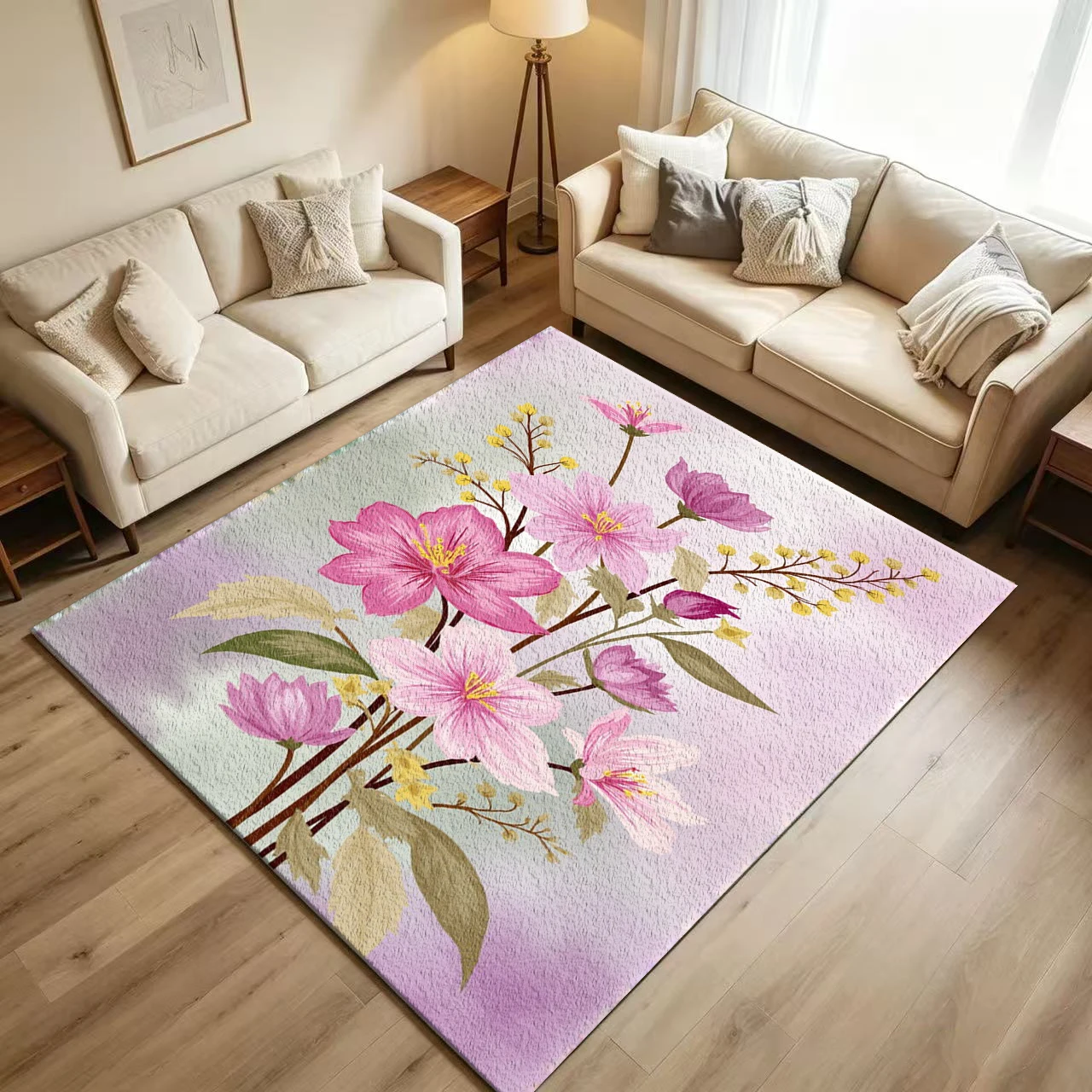 Soft Pink Watercolor Floral Branch Carpet Flooring Gentle Pastel Blossom Botanical Illustration Art Pattern Printed Floor Rug for Household Indoor Romantic Home Decoration