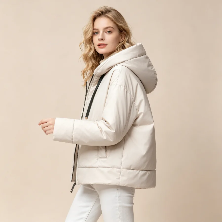 2026 Winter Camel Fur Hooded White Duck Down Jacket Women's Zipper Outerwear Short Imported Padded Warm Coat