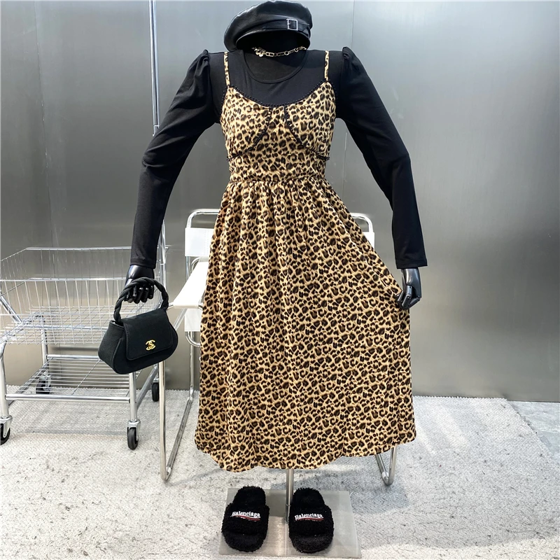 Nuovo 2022 Vintage stampa leopardo Sexy scollo a v cinturino in vita gonna lunga manica a bolla girocollo camicia a fondo nero abito a due pezzi