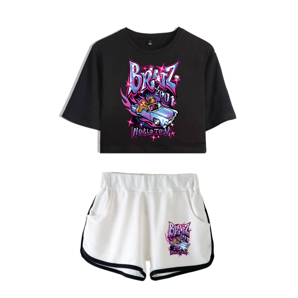 Bratz Cartoon Pattern Female Two Piece Set Short Sleeve Tee Crop Top+Shorts Women's Sets