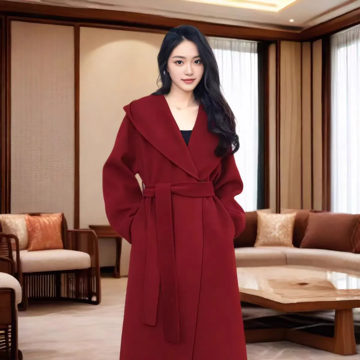 

Lace-Up Hooded Woolen Trenchcoat Women's Overcoat 2025 Autumn Winter New Loose Medium Long Casual Chic Casual Wool Windbreakers
