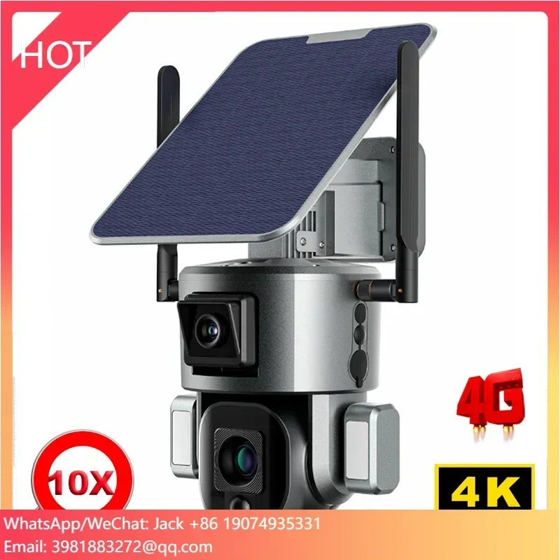 الأمن 4K تتبع الإنسان واي فاي 6 واط كاميرا لوحة طاقة شمسية مزدوجة 4MP عدسة 10X زووم بصري 4G بطارية تعمل كاميرا CCTV لاسلكية
