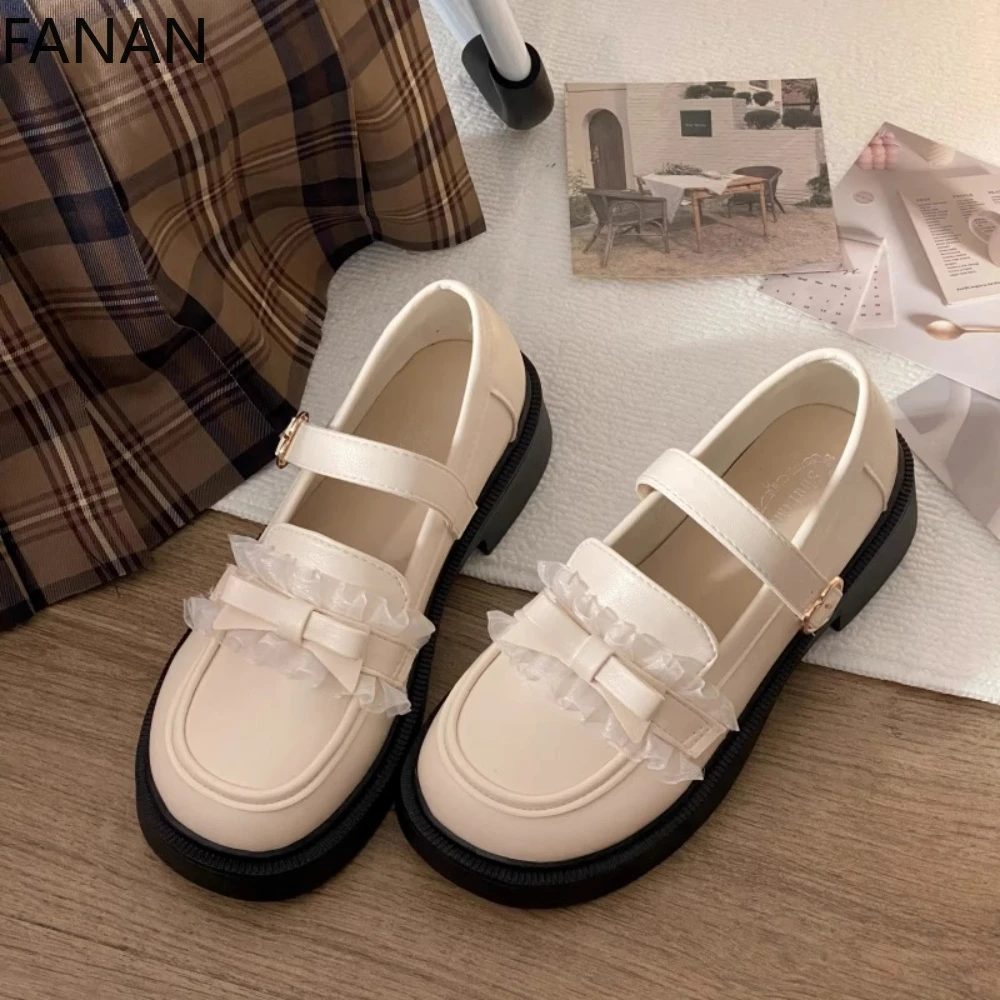 

2025 New Leather Shoes Female Cute Sweet Jk Uniform Platform White Lolita Flats Round Head Bow Student Single Shoes