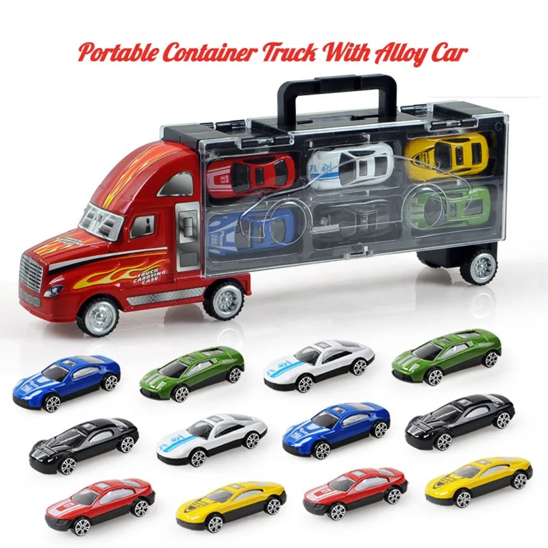 Children's Toys Portable Car Model Toy Car Container Truck with 12 Alloy Car Toys Portable Container Truck 12 Alloy Trolleys