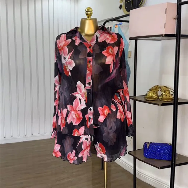 

Fashion Floral Printed Pleated Women's Set Short Sleeve Shirt and Shorts Sets 2025 Two 2 Piece Sets Outfits Tracksuit