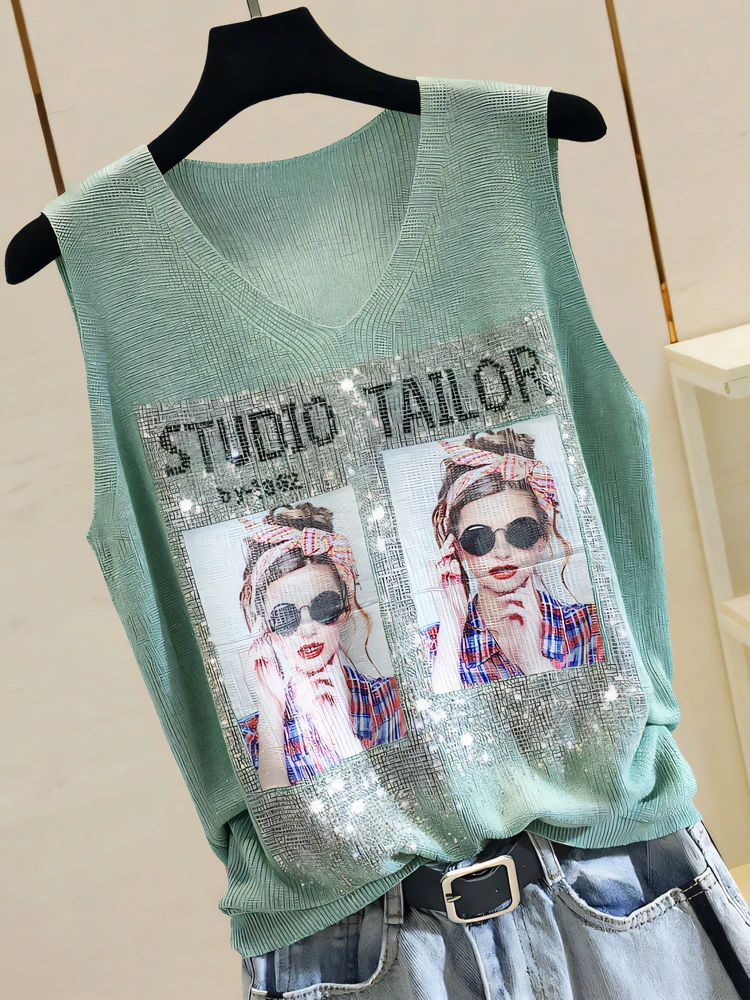 Summer Thin V-Neck Loose Knitted Vest Women's Sleeveless Top with Rhinestone Print Casual Commute Style Outerwear